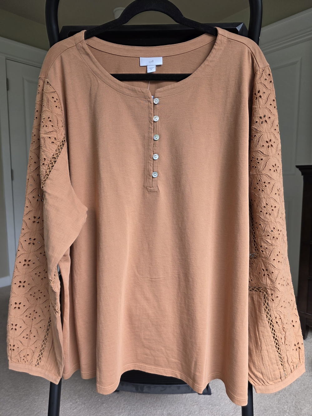 NWT J.Jill Eyelet Trim Jersey Long Sleeve Top Smoky Topaz 3X